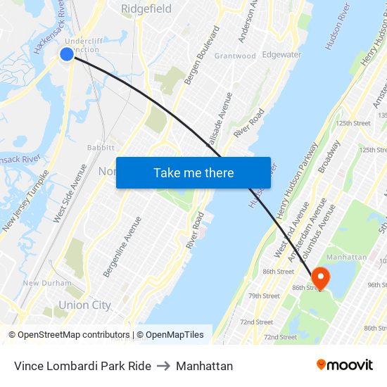 Vince Lombardi Park Ride to Manhattan map
