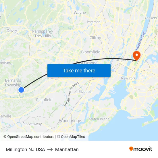 Millington NJ USA to Manhattan map