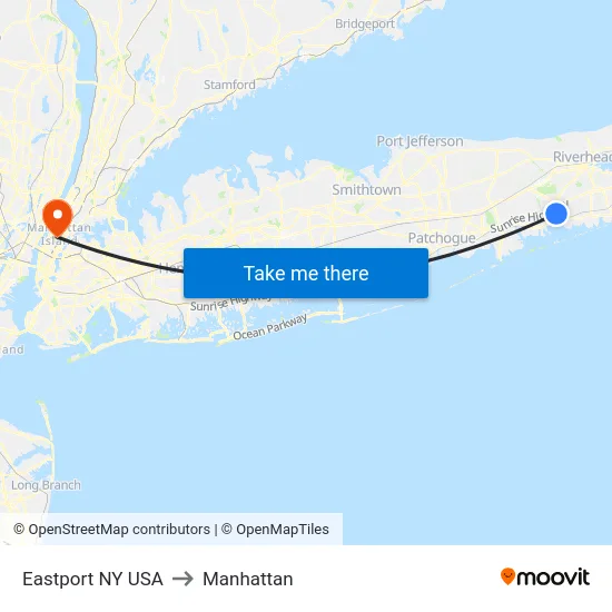 Eastport NY USA to Manhattan map