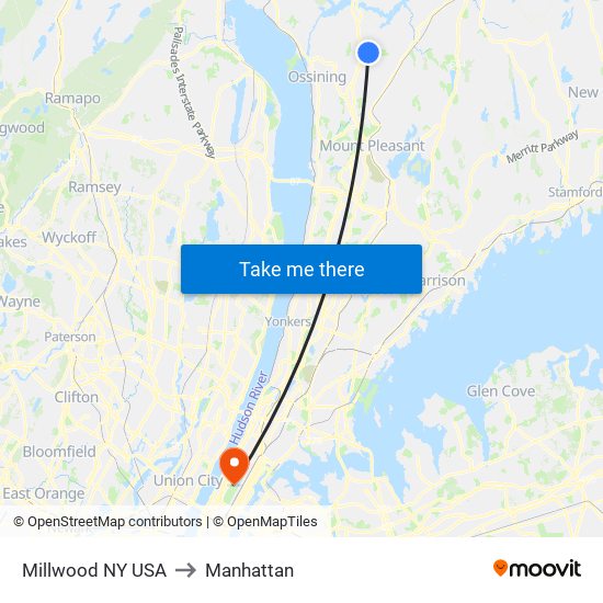 Millwood NY USA to Manhattan map
