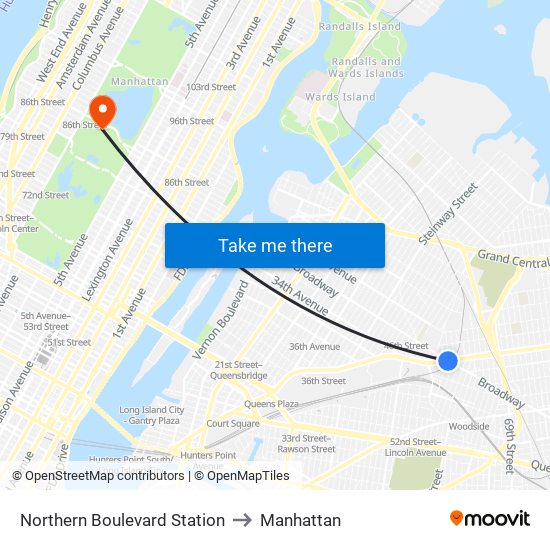 Northern Boulevard Station to Manhattan map