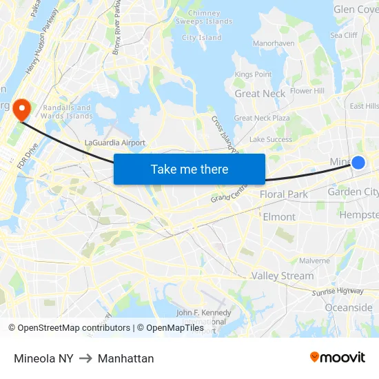 Mineola NY to Manhattan map