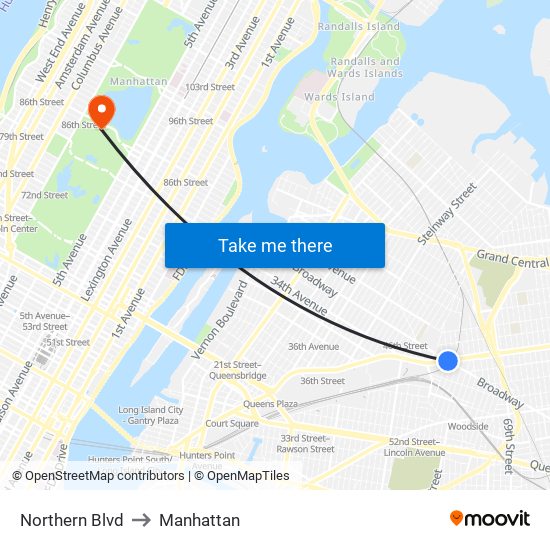 Northern Blvd, Woodside, NY 11377 to Manhattan map