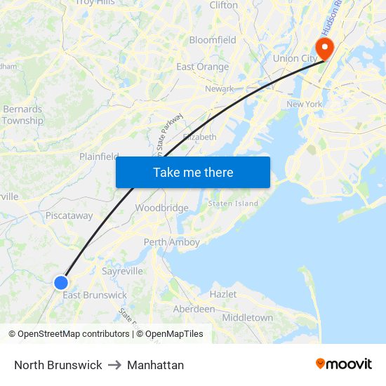 North Brunswick to Manhattan map
