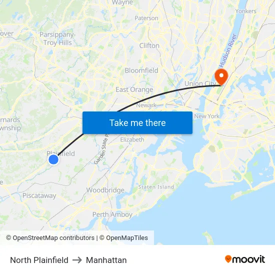 North Plainfield to Manhattan map