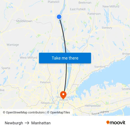 Newburgh to Manhattan map