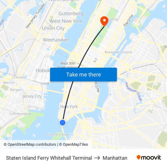 Staten Island Ferry Whitehall Terminal to Manhattan map