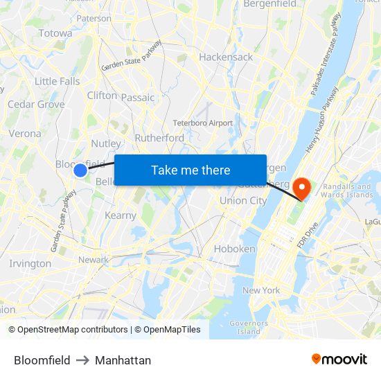 Bloomfield to Manhattan map