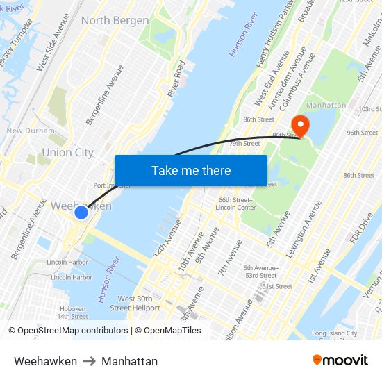 Weehawken to Manhattan map