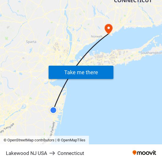 Lakewood NJ USA to Connecticut map