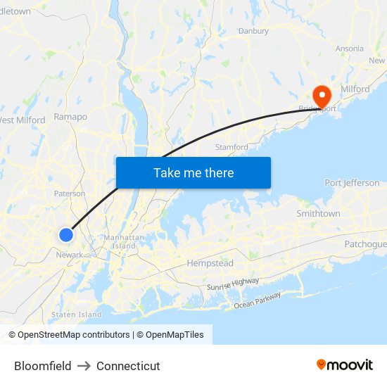 Bloomfield to Connecticut map