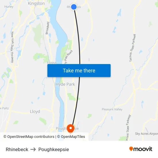Rhinebeck to Poughkeepsie map