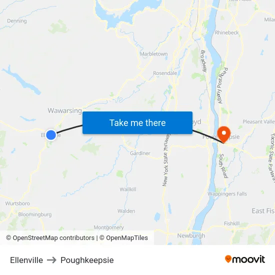 Ellenville to Poughkeepsie map