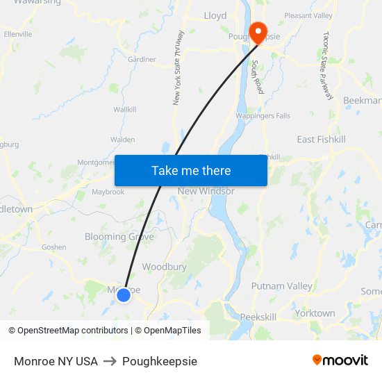 Monroe NY USA to Poughkeepsie map