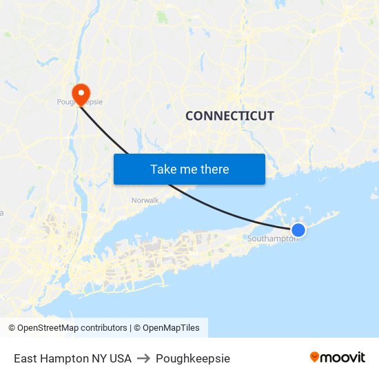 East Hampton NY USA to Poughkeepsie map