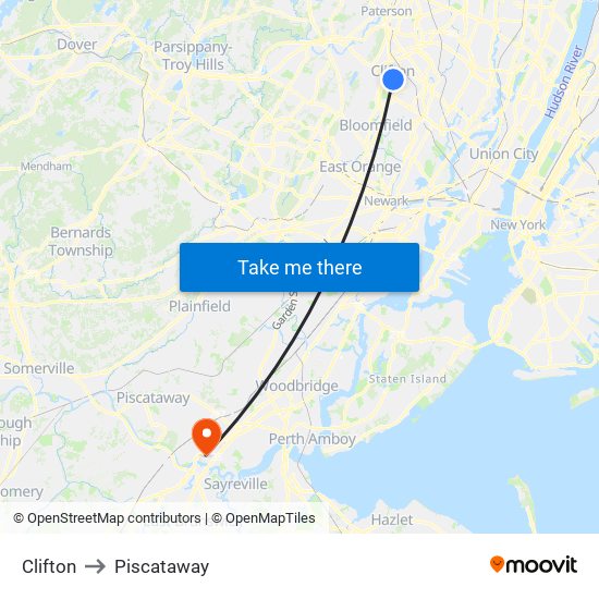 Clifton to Piscataway map