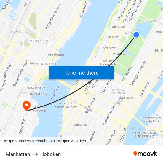 Manhattan to Hoboken map