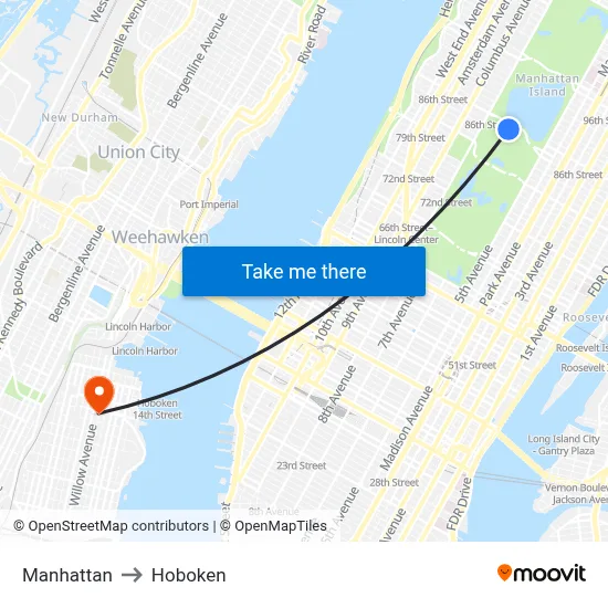 Manhattan to Hoboken map