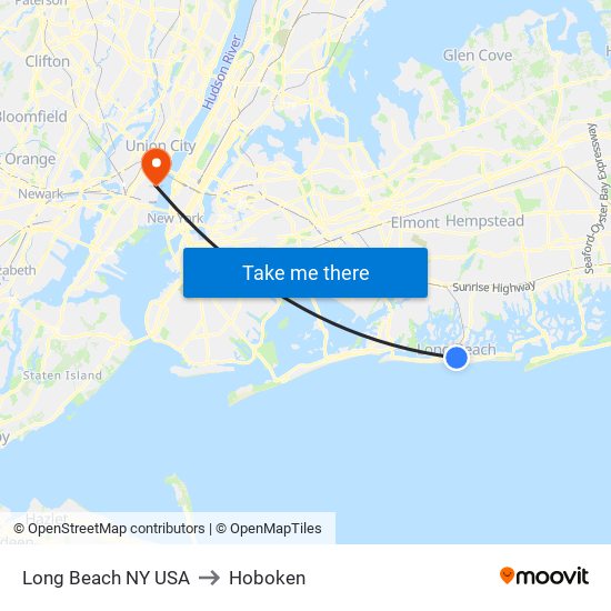 Long Beach NY USA to Hoboken map