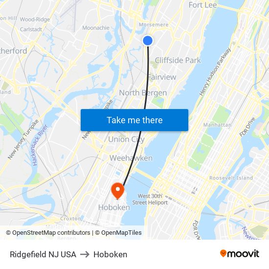 Ridgefield NJ USA to Hoboken map