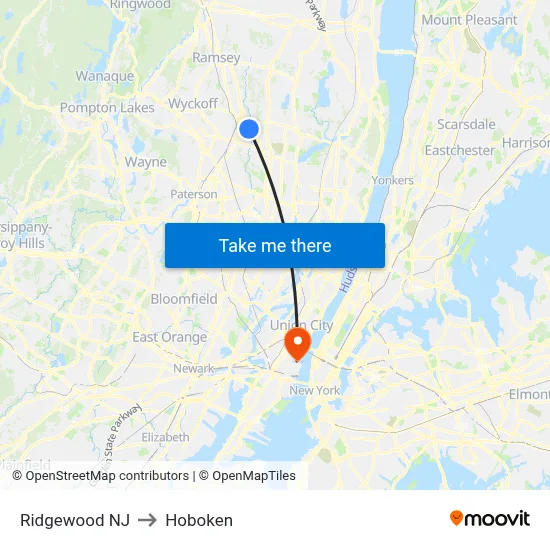 Ridgewood NJ to Hoboken map
