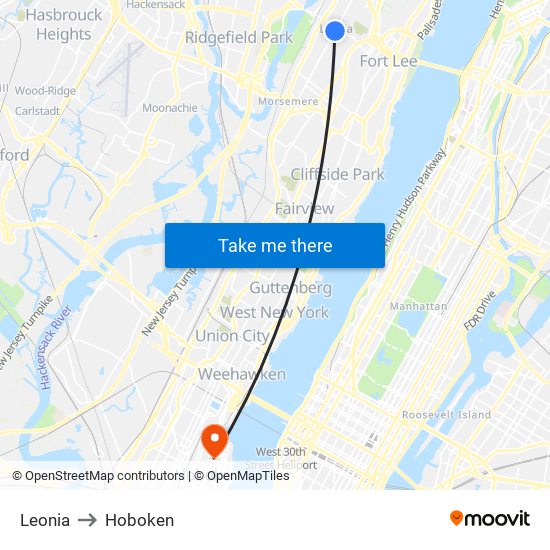 Leonia to Hoboken map