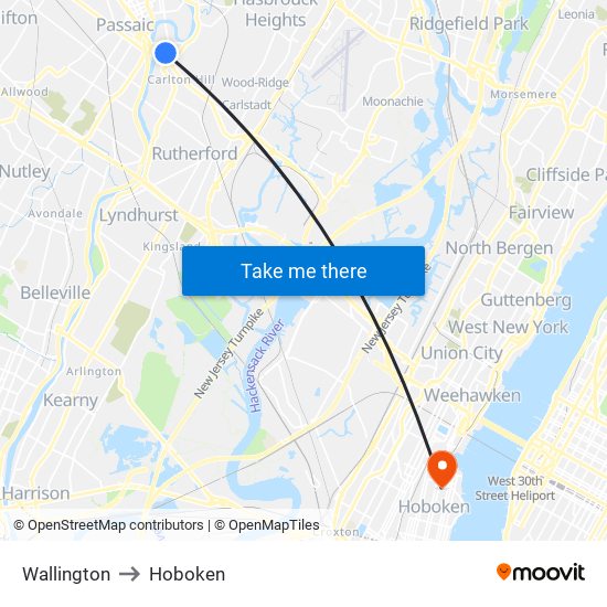 Wallington to Hoboken map