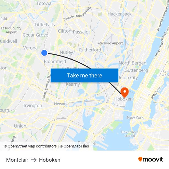 Montclair to Hoboken map