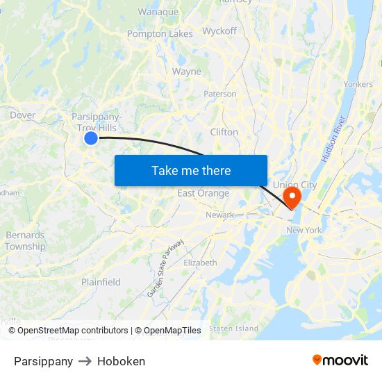 Parsippany to Hoboken map