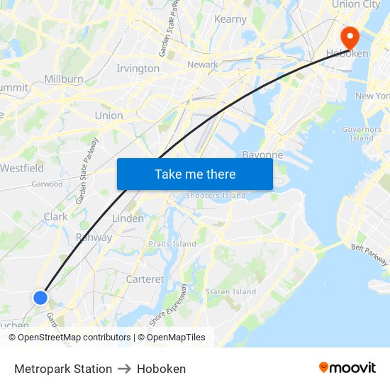 Metropark Station to Hoboken map