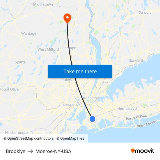 Brooklyn to Monroe-NY-USA map