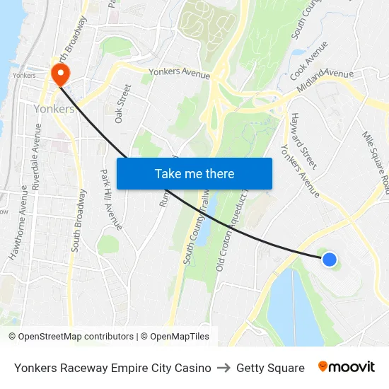 Yonkers Raceway Empire City Casino to Getty Square map
