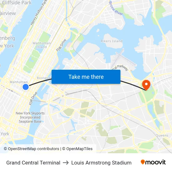 Grand Central Terminal to Louis Armstrong Stadium map