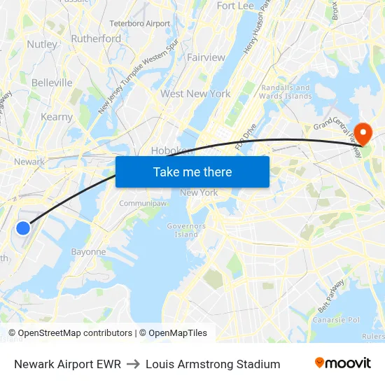 Newark Airport EWR to Louis Armstrong Stadium map