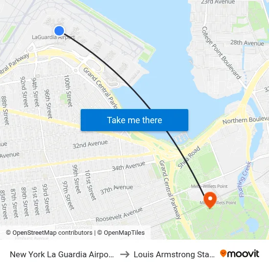 New York La Guardia Airport LGA to Louis Armstrong Stadium map