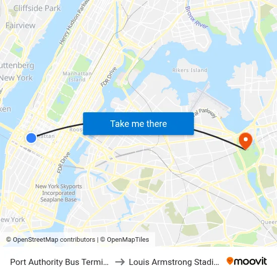 Port Authority Bus Terminal to Louis Armstrong Stadium map