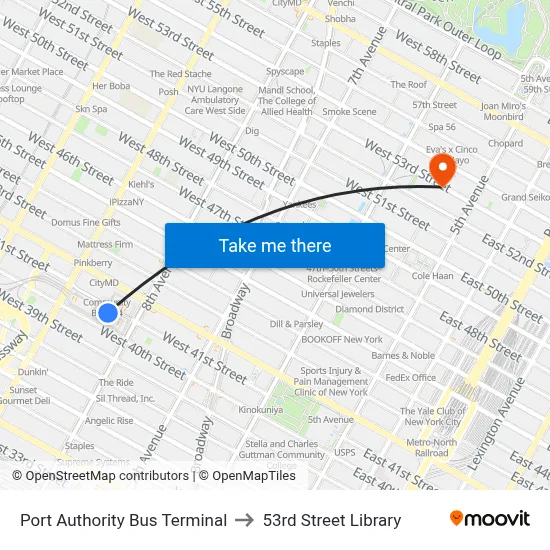 Port Authority Bus Terminal to 53rd Street Library map