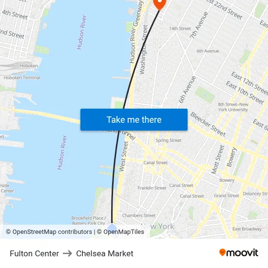 Fulton Center, New York, NY 10007 to Chelsea Market map