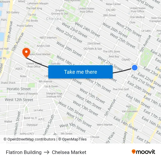 Flatiron Building to Chelsea Market map