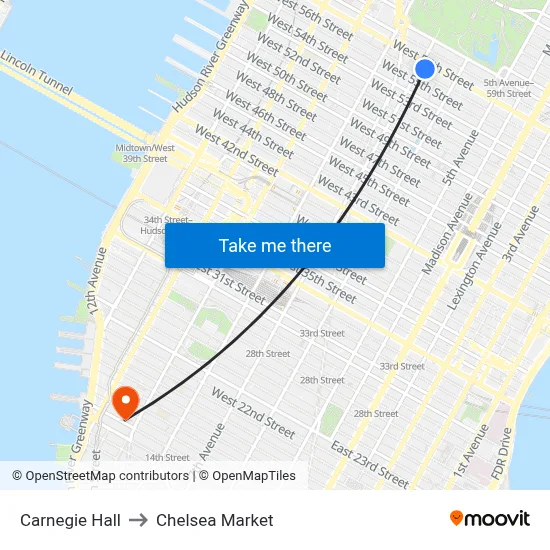 Carnegie Hall to Chelsea Market map