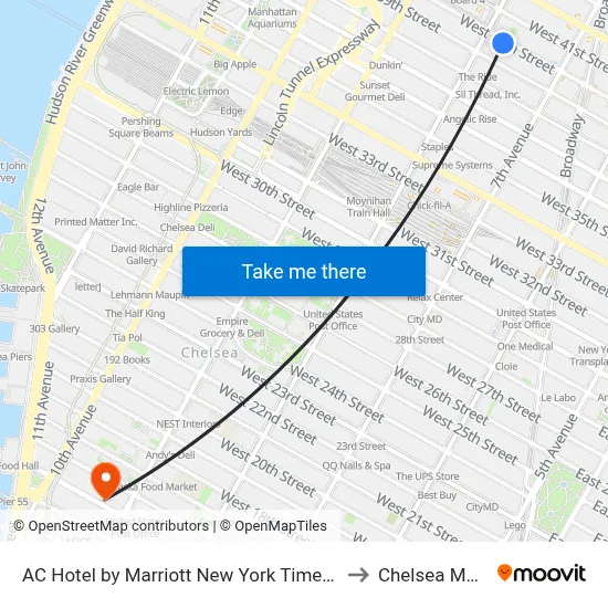 AC Hotel by Marriott New York Times Square to Chelsea Market map