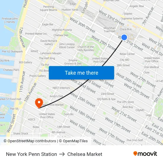 New York Penn Station to Chelsea Market map