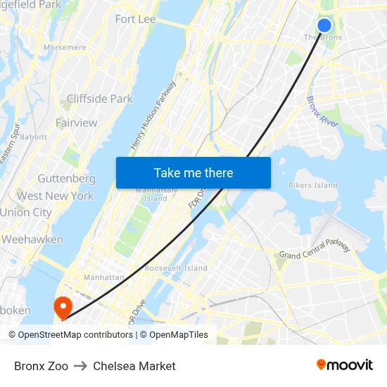 Bronx Zoo to Chelsea Market map