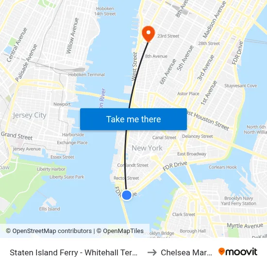 Staten Island Ferry - Whitehall Terminal to Chelsea Market map