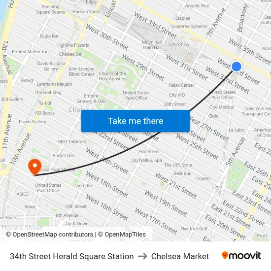 34th Street Herald Square Station to Chelsea Market map