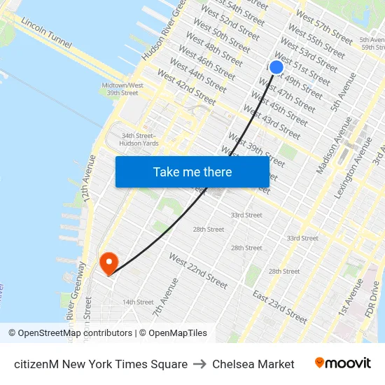 citizenM New York Times Square to Chelsea Market map
