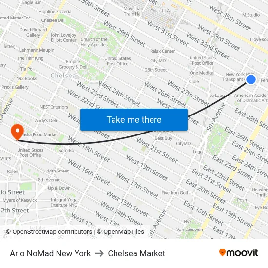 Arlo NoMad New York to Chelsea Market map