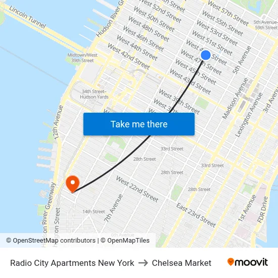 Radio City Apartments New York to Chelsea Market map