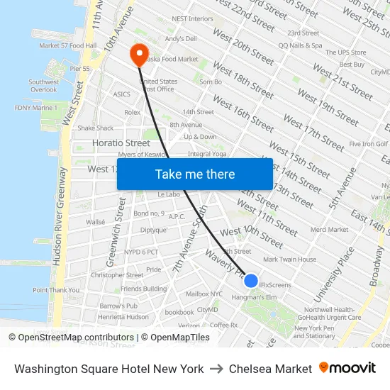 Washington Square Hotel New York to Chelsea Market map
