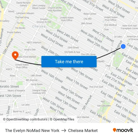 The Evelyn NoMad New York to Chelsea Market map